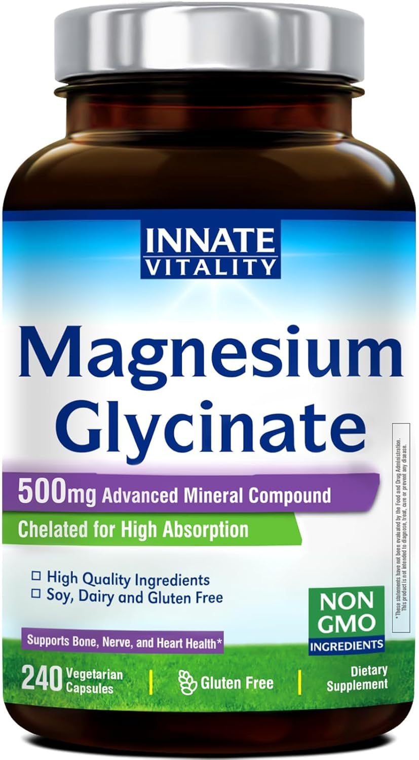 Innate Vitality Magnesium Glycinate 500mg | 70mg Elemental Magnesium Supplement - High Absorption, Non Buffered, Non-GMO & No Gluten - Vegan - Nerve Health - 240 Capsules (Pack of 1) : Health & Household