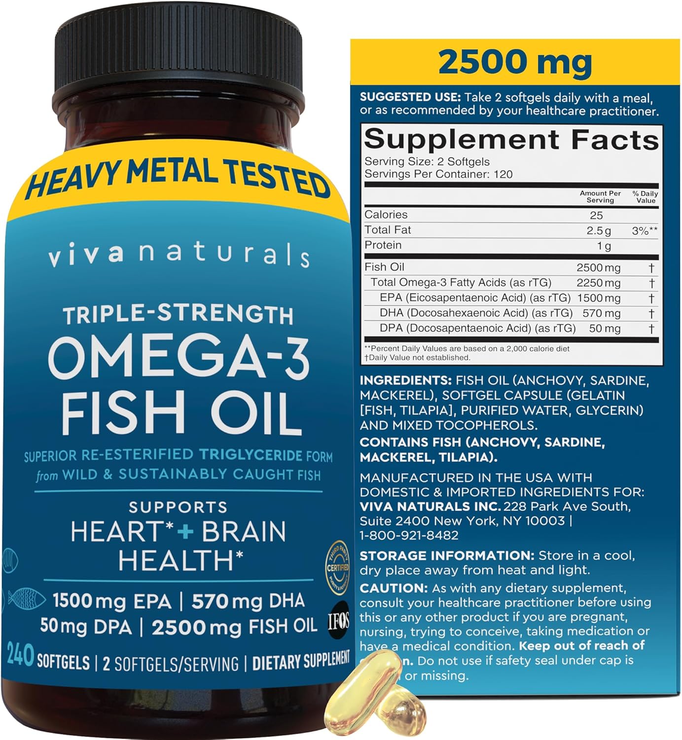 Viva Naturals Omega 3 Fish Oil Supplement for Women and Men - 2500 mg Triple Strength Fish Oil Pills with Re-Esterified Omega 3 Fatty Acids Including EPA, DHA DPA - 240 Pescatarian-Friendly Softgels : Health & Household