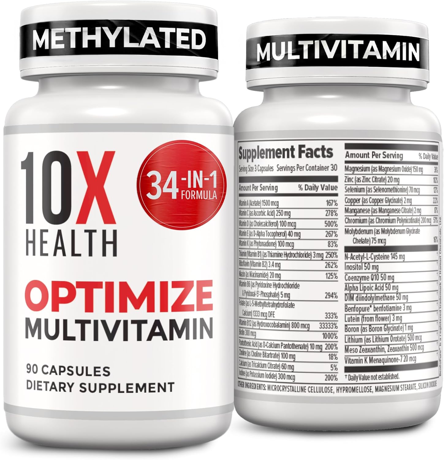 10X Health Optimize Methylated Multivitamin for Men - 90 Capsules, 34 in 1 Formula with 800 mcg of Vitamin B12, 5-MTHF, NAC - Methyl B Complex : Health & Household