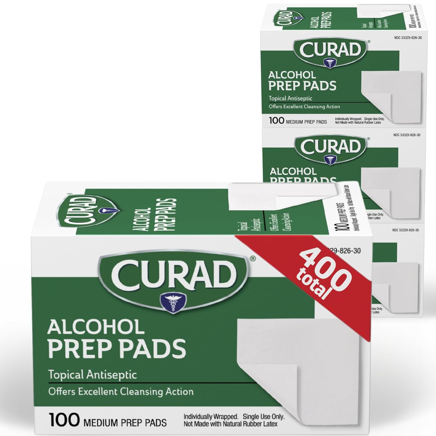 CURAD Alcohol Prep Pads (Pack of 4 Boxes), 400 Pieces of Medium Isopropyl Alcohol Wipes Individually Wrapped, First Aid Alcohol Swabs for Cuts & Scrapes, Medical Alcohol Pads for General Cleansing : Health & Household